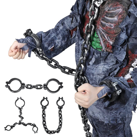 1 set di catene finte di Halloween, oggetti di scena horror per casa stregata, decorazioni per la casa, accessori per costumi da prigioniero, catene a maglie in plastica