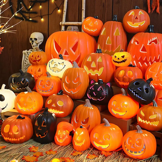 1 set di lanterne di zucca spaventose di Halloween, lampada di zucca a LED, decorazione di Halloween arancione per portico, porta d'ingresso, forniture per feste