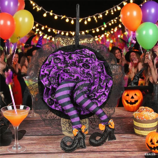 1 pezzo di ghirlanda di pizzo per porta con cappello da strega di Halloween, ghirlanda viola-arancione da appendere, decorazione per un'atmosfera terrificante, forniture per feste felici