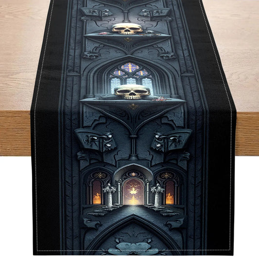 1 pezzo di tovaglia da tavola a tema gotico dark con teschio, corvo ed elementi architettonici gotici per la decorazione della festa di Halloween
