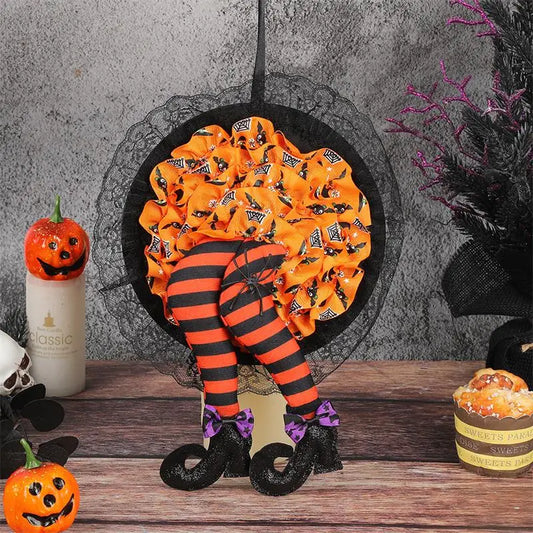 1 pezzo di ghirlanda di pizzo per porta con cappello da strega di Halloween, ghirlanda viola-arancione da appendere, decorazione per un'atmosfera terrificante, forniture per feste felici
