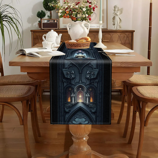 1 pezzo di tovaglia da tavola a tema gotico dark con teschio, corvo ed elementi architettonici gotici per la decorazione della festa di Halloween